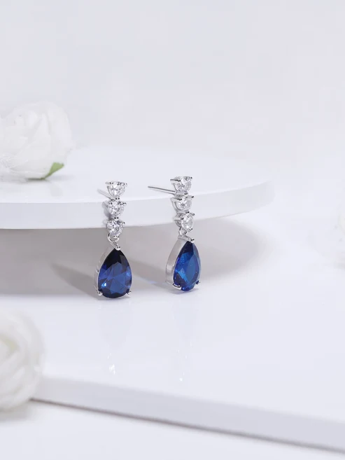 Silver Sapphire Blue Drop Earrings - Image 3